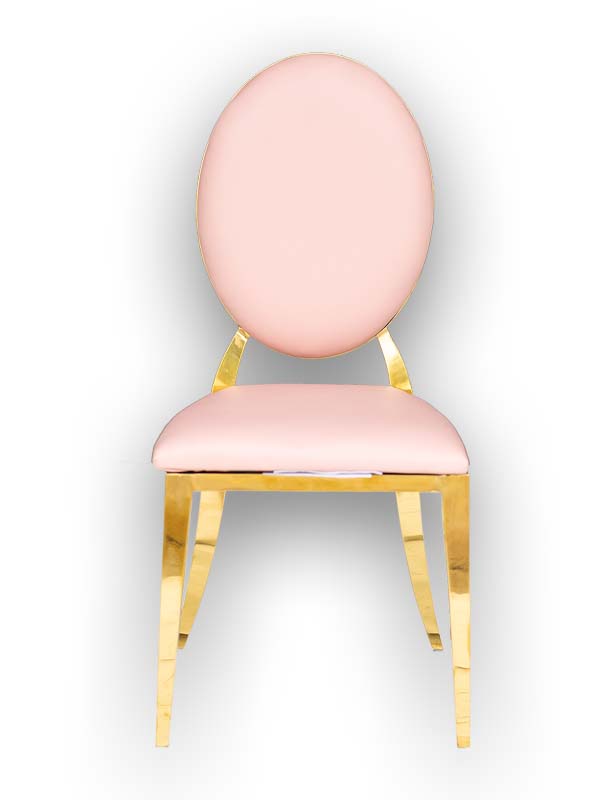Class Event Rentals Genesis Chair in Pink with gold legs and trim, front view