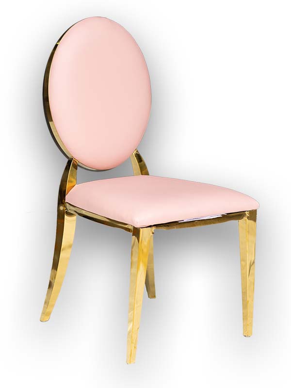 Class Event Rentals Genesis Chair in Pink with gold legs and trim, shown at angle