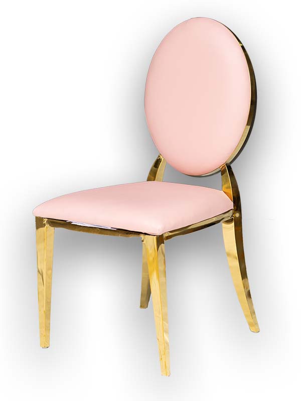 Class Event Rentals Genesis Chair in Pink with gold legs and trim, shown at angle, right side