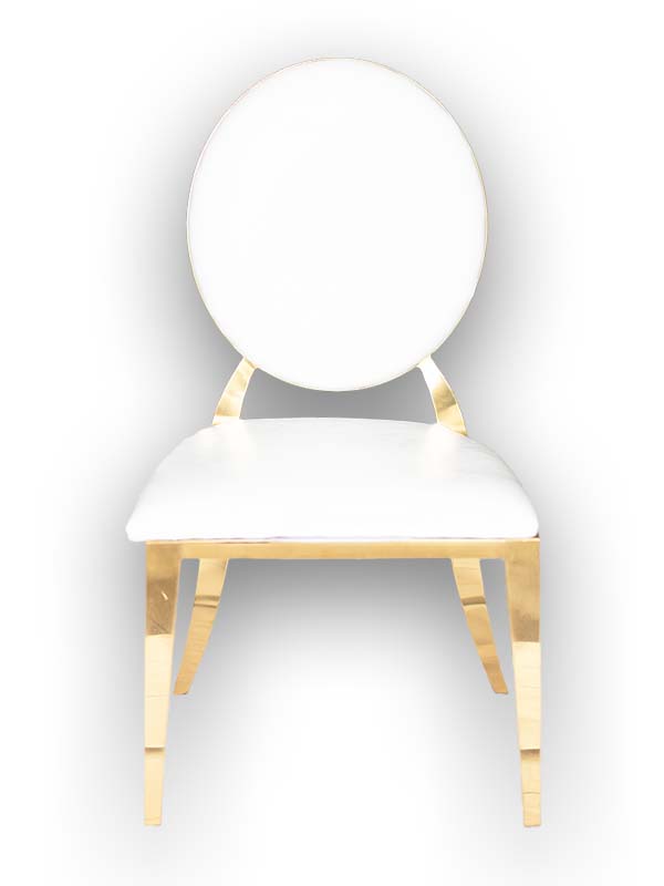 Class Event Rentals Genesis Chair in white with gold legs and trim, front view