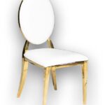 Class Event Rentals Genesis Chair in white with gold legs and trim, shown at angle from left
