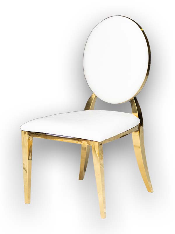 Class Event Rentals Genesis Chair in white with gold legs and trim, shown at angle from right