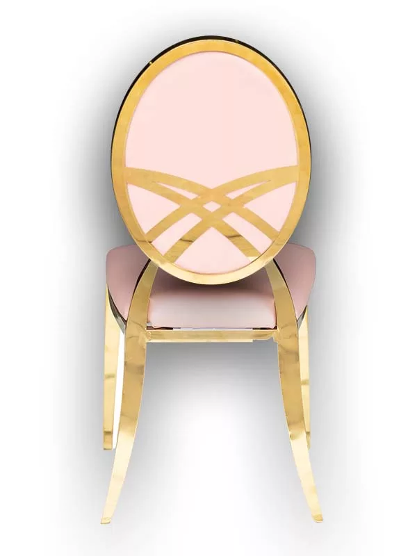 Class Event Rentals Giovanna Chair in Pink with gold legs and criss cross back accent