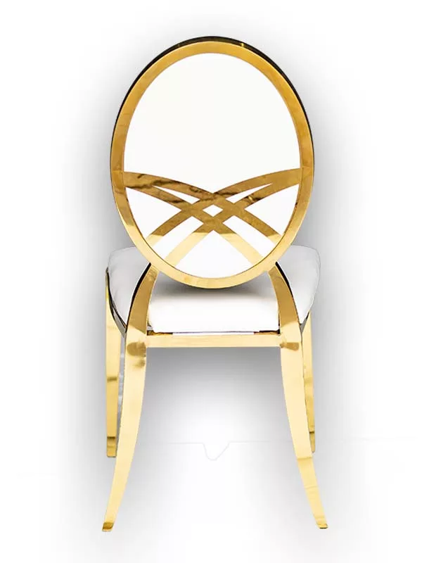 Class Event Rentals Giovanna Chair in white with gold legs and criss cross back accent