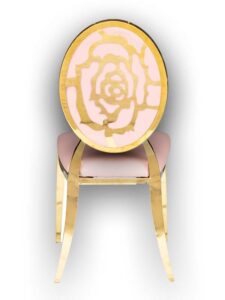 Class Event Rentals Rosabelle Chair in Pink with gold legs and rose shaped back accent