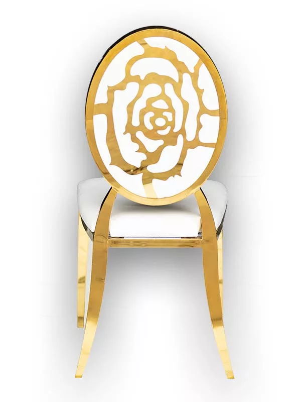Class Event Rentals Rosabelle Chair in white with gold legs and rose shaped back accent