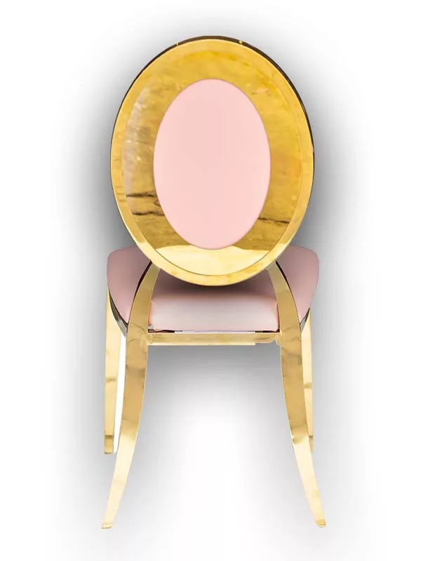 Class Event Rentals Xiomara Chair in Pink with gold legs and back accent