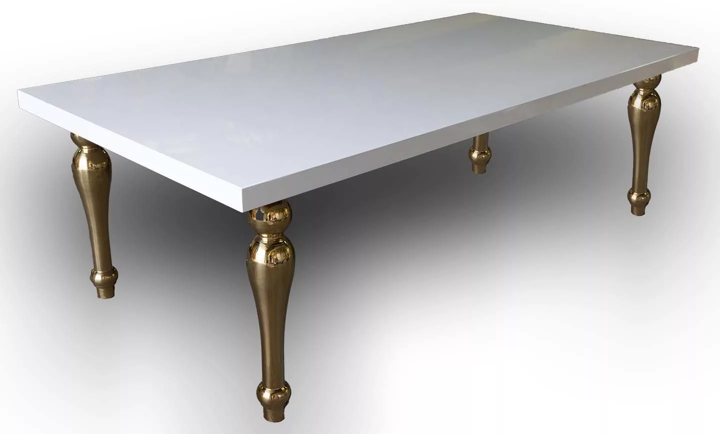 Class Event Rentals Athena Table in white acrylic, rectangular with gold legs, shown at angle