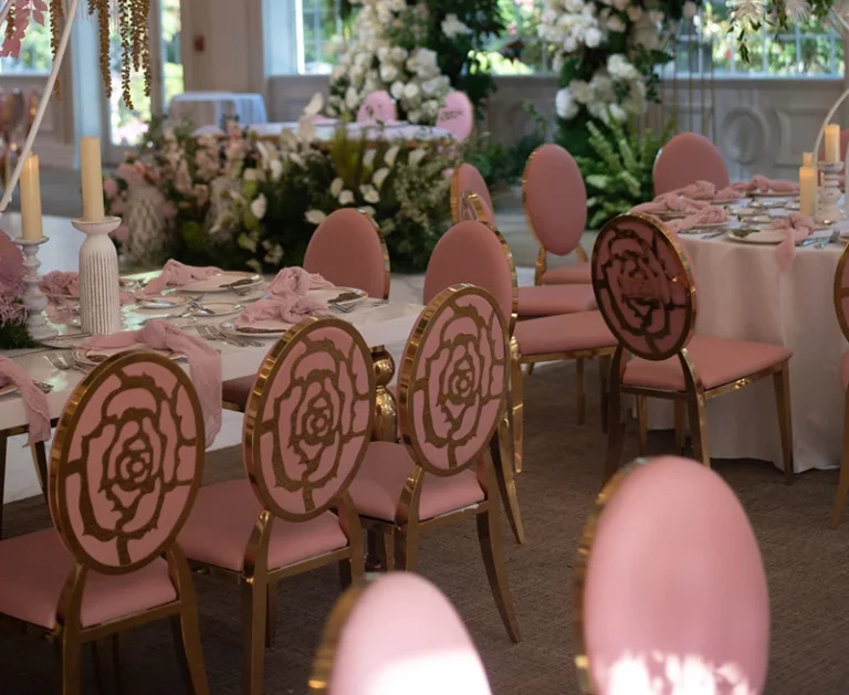 Class Event Rentals Pink Garden Wedding dining area with Rosabelle chairs