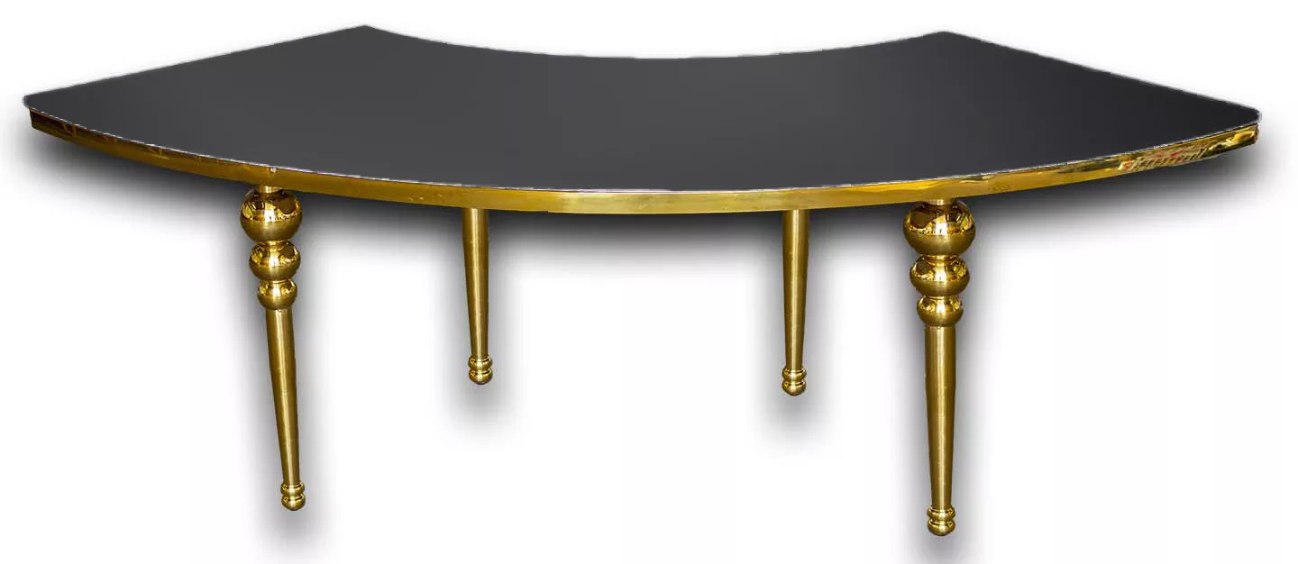 Class Event Rentals Khaleesi Sweetheart Table in quarter moon shape with black top and gold legs