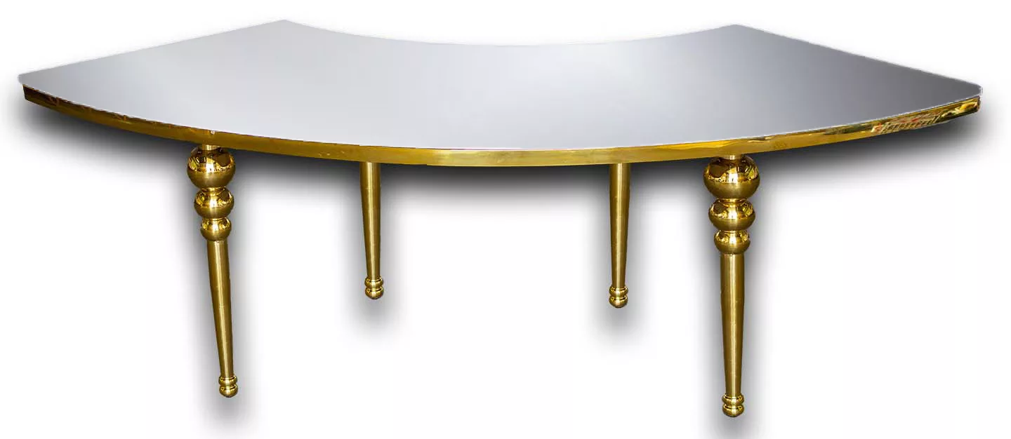 Class Event Rentals Khaleesi Sweetheart Table in quarter moon shape mirror top with gold legs