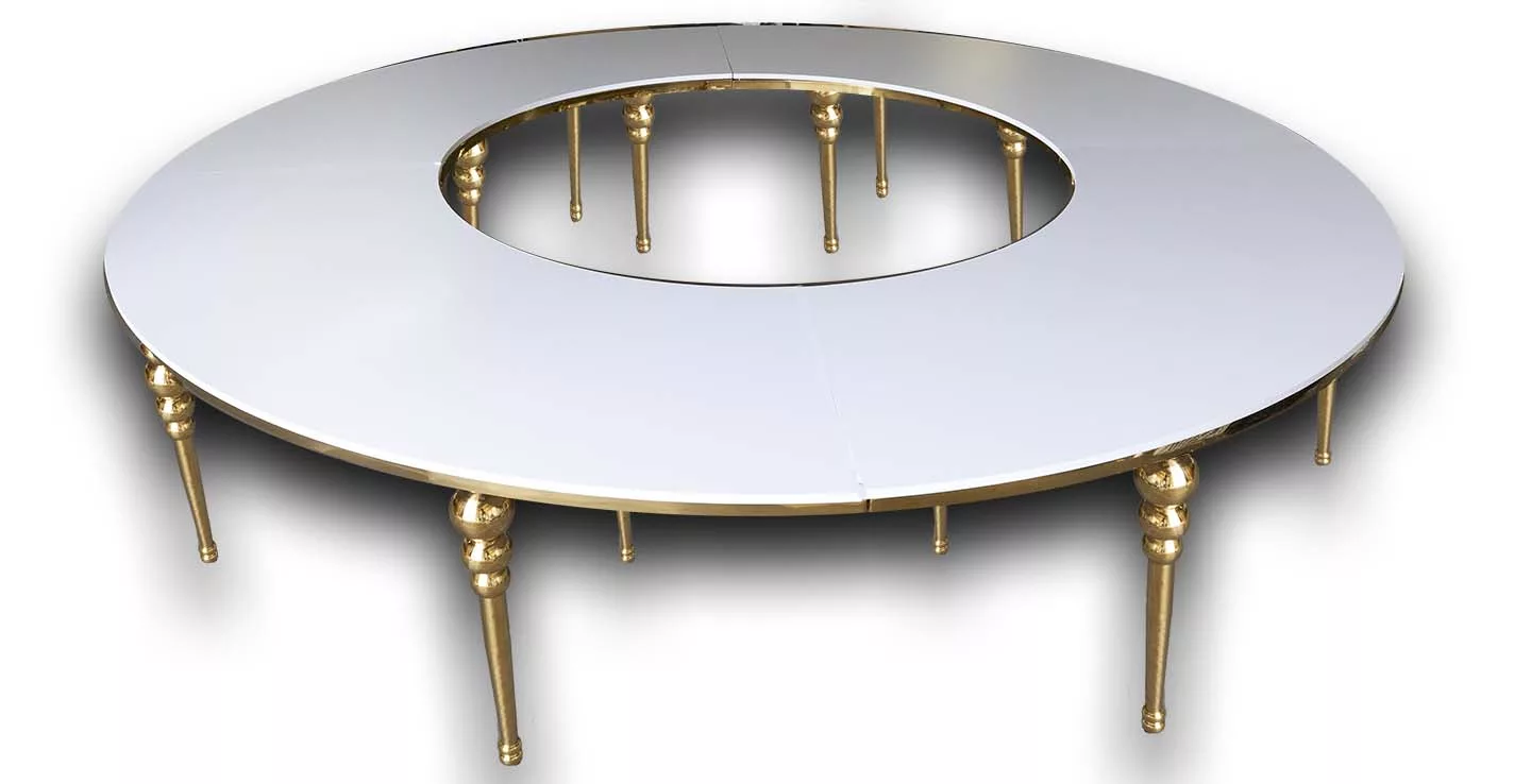 Class Event Rentals Kleopatra Serpentine Table in white with gold legs arranged in circle