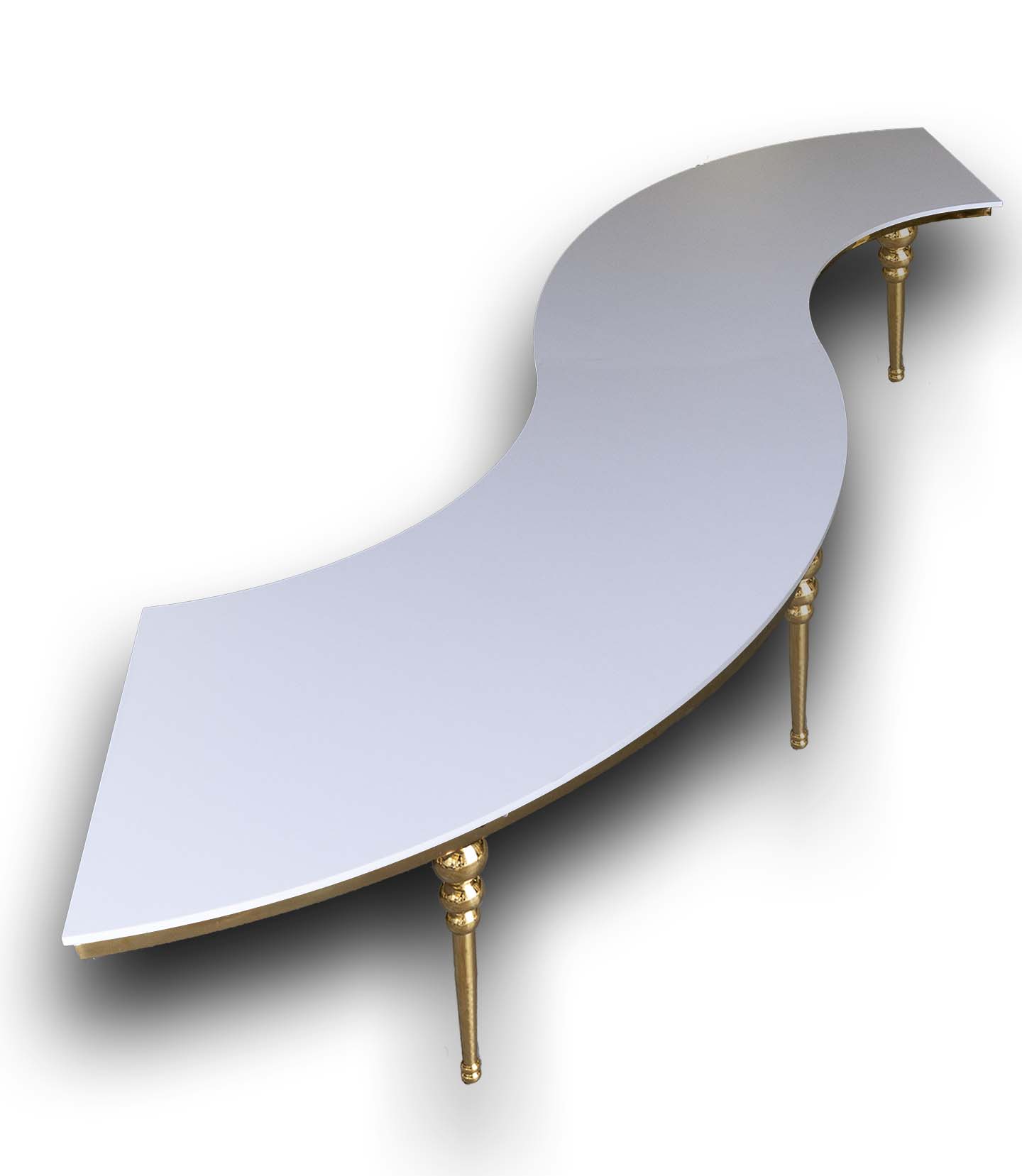 Class Event Rentals Kleopatra Serpentine Table in white with gold legs arranged in wave shape