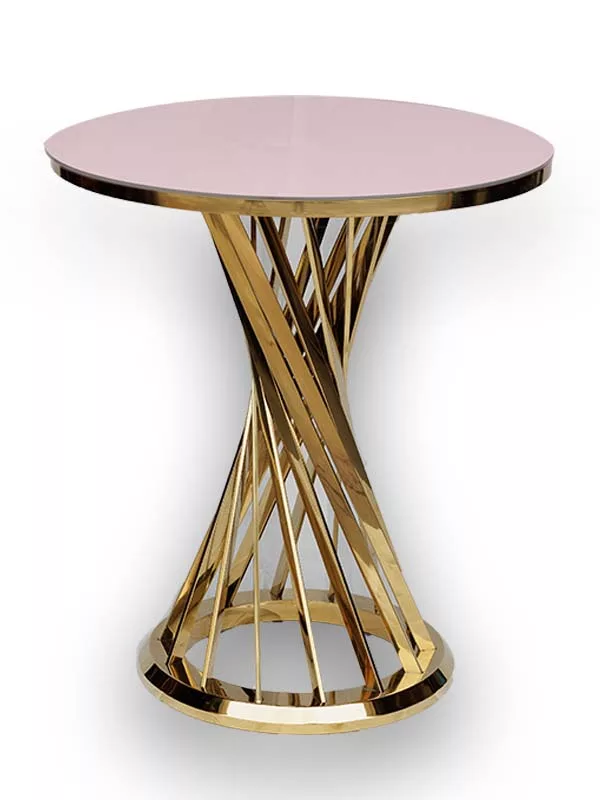 Class Event Rentals Valentina Cake Table in pink with gold cut out pedestal