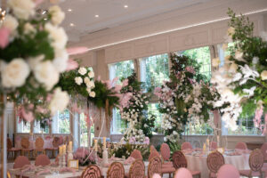 Class Event Rentals Rosabelle Chairs in pink and gold wedding full seating area with flowers