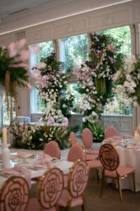 Class Event Rentals Rosabelle Chairs in pink and gold in wedding setting
