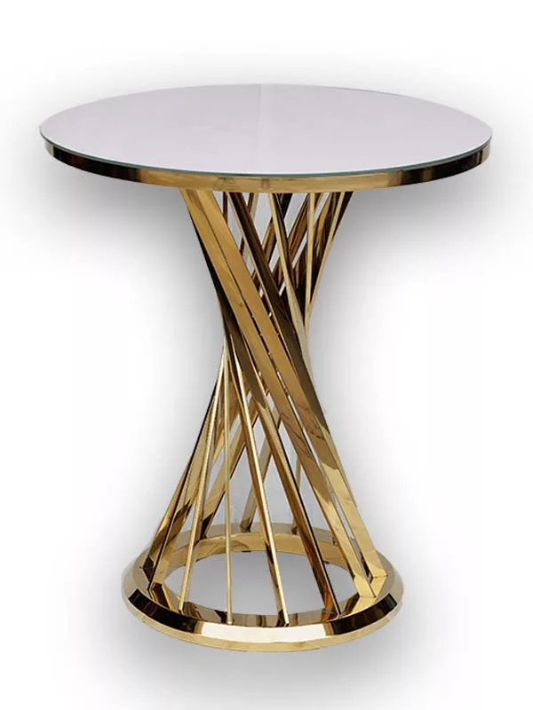 Class Event Rentals Valentina Cake Table in white with gold cut out pedestal