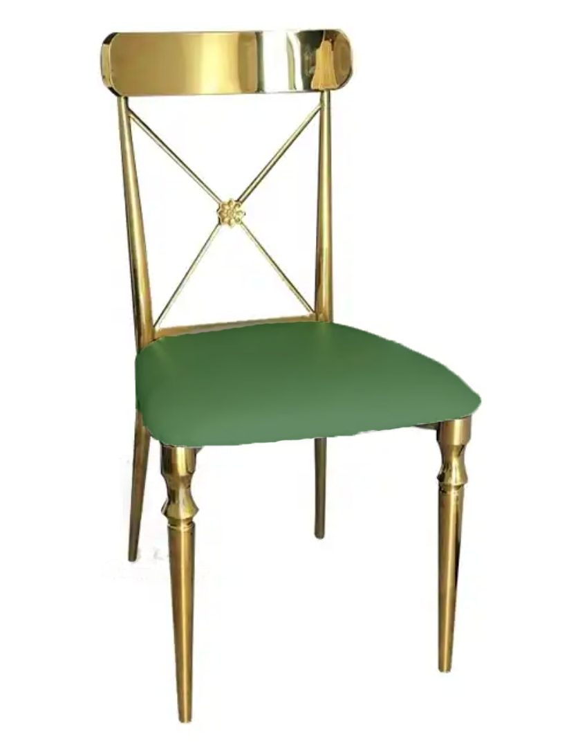 An elegant chair with a shiny gold frame and a dark green upholstered seat, featuring an ornate backrest design with a cross and circle motif.