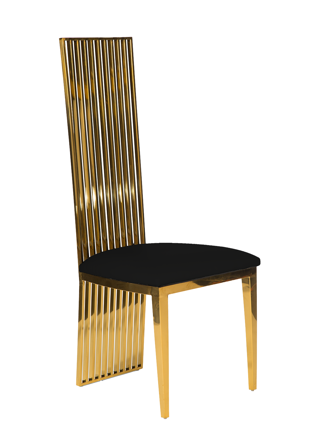 A contemporary chair with a glossy gold vertical slat back and black cushioned seat, isolated on a white background.