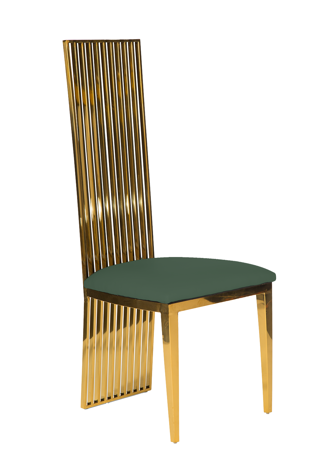 A modern chair with a high, vertical slatted backrest and glossy gold finish. the seat is cushioned with a dark green fabric, set against an isolated white background.