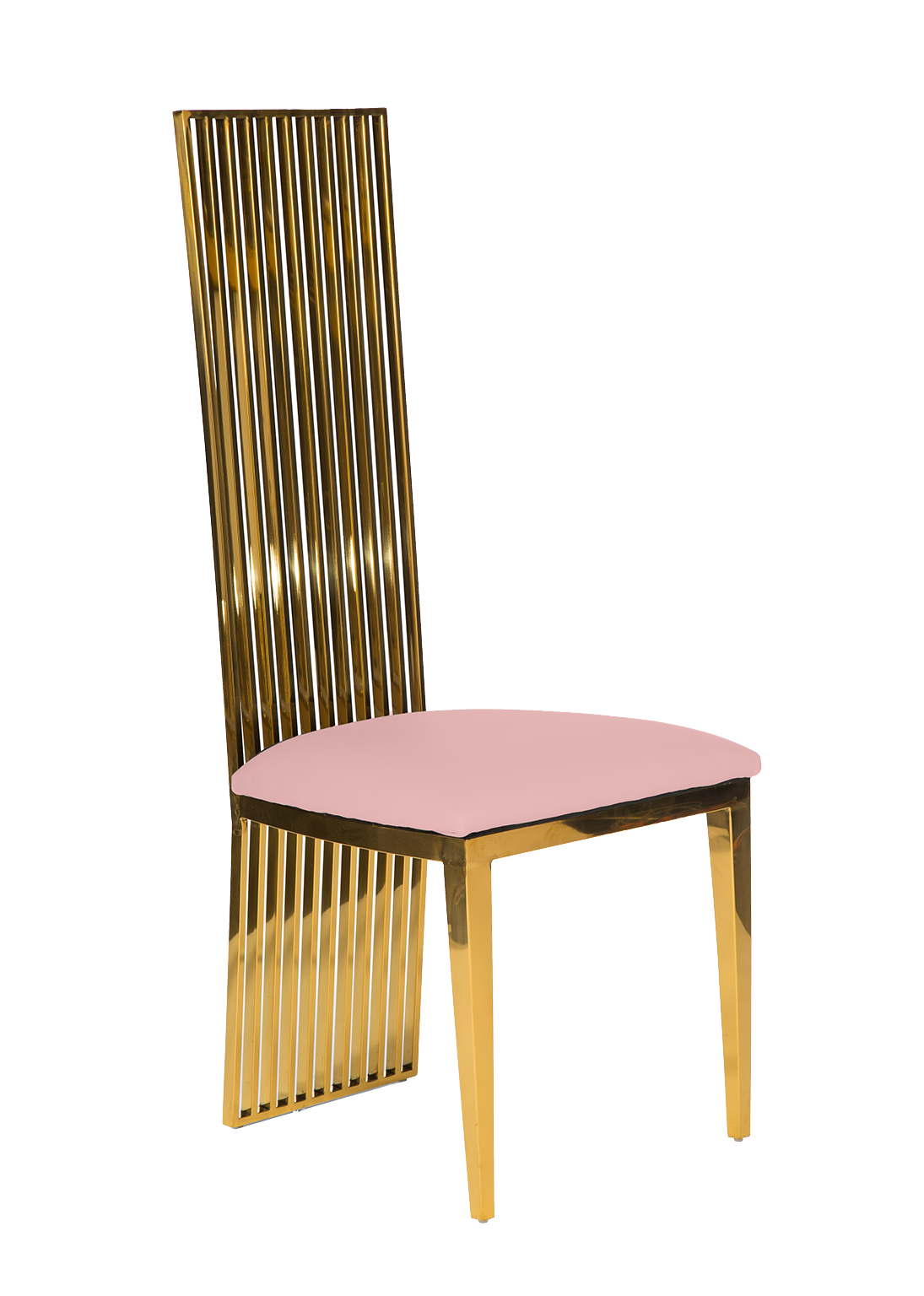 A modern chair with a tall, slatted golden backrest and a soft pink cushioned seat, set against a plain white background.
