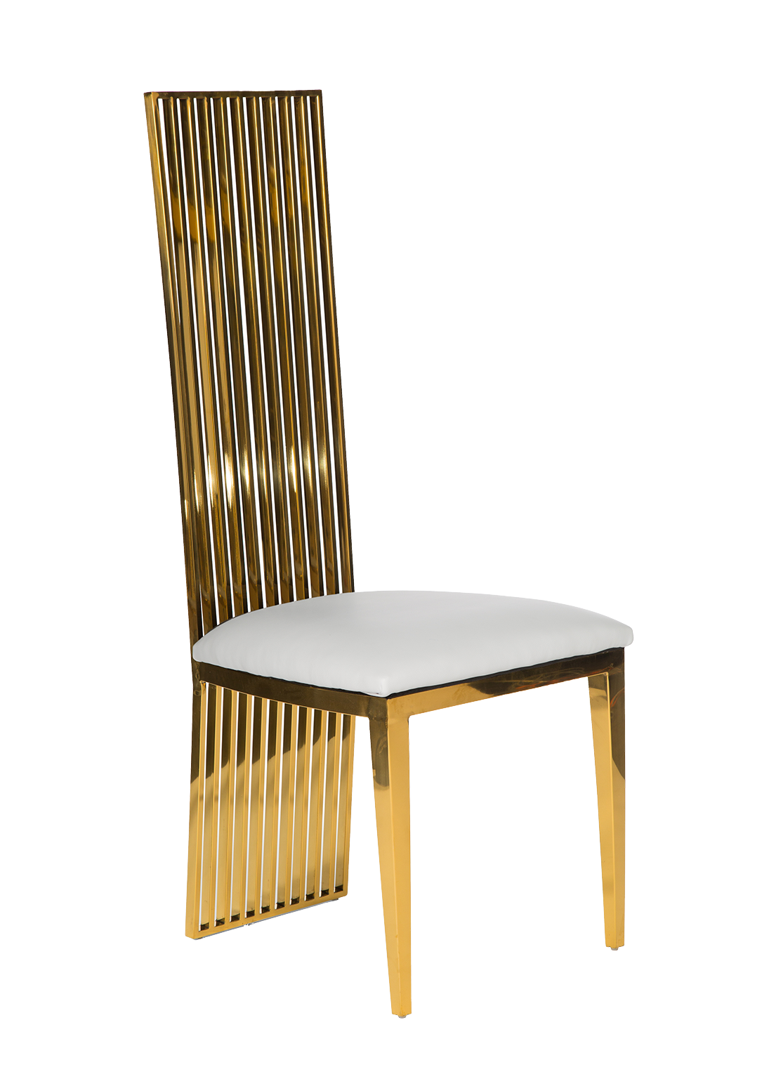A modern chair with a high, vertical slat backrest in polished gold finish and a white cushioned seat, isolated on a white background.