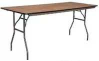 Rectangular outdoor folding table with a brown top and black metal legs, isolated on a white background.