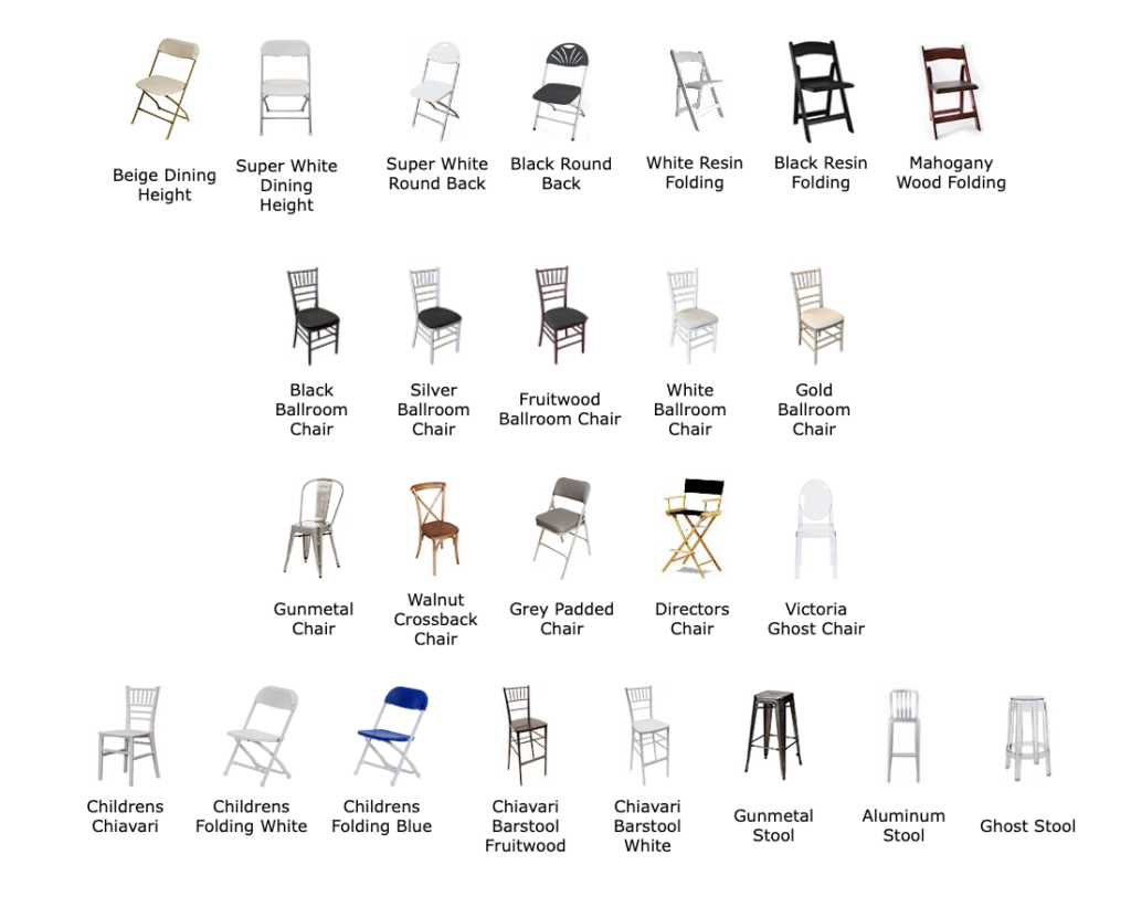 An array of various chair styles including outdoor, dining, folding, and ballroom chairs in different colors and materials such as wood, metal, and resin, labeled by type and color.