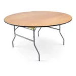 A round folding outdoor table with a smooth, wooden top and grey metal legs, isolated on a white background.