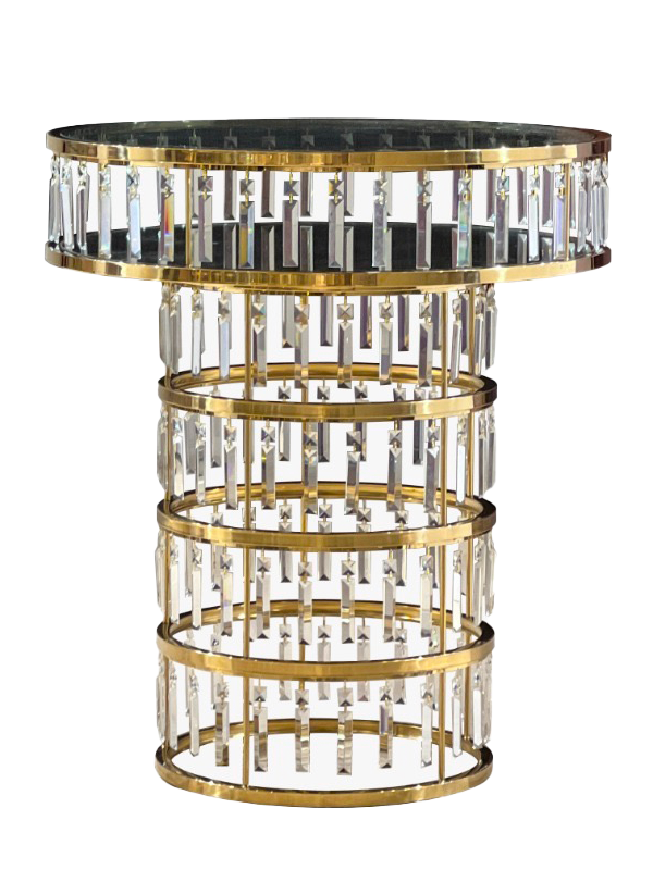 A luxurious round crystal chandelier table with gold and silver accents, ideal for wedding furniture rentals, showcasing multiple tiers of vertical crystals encased in metal bands.