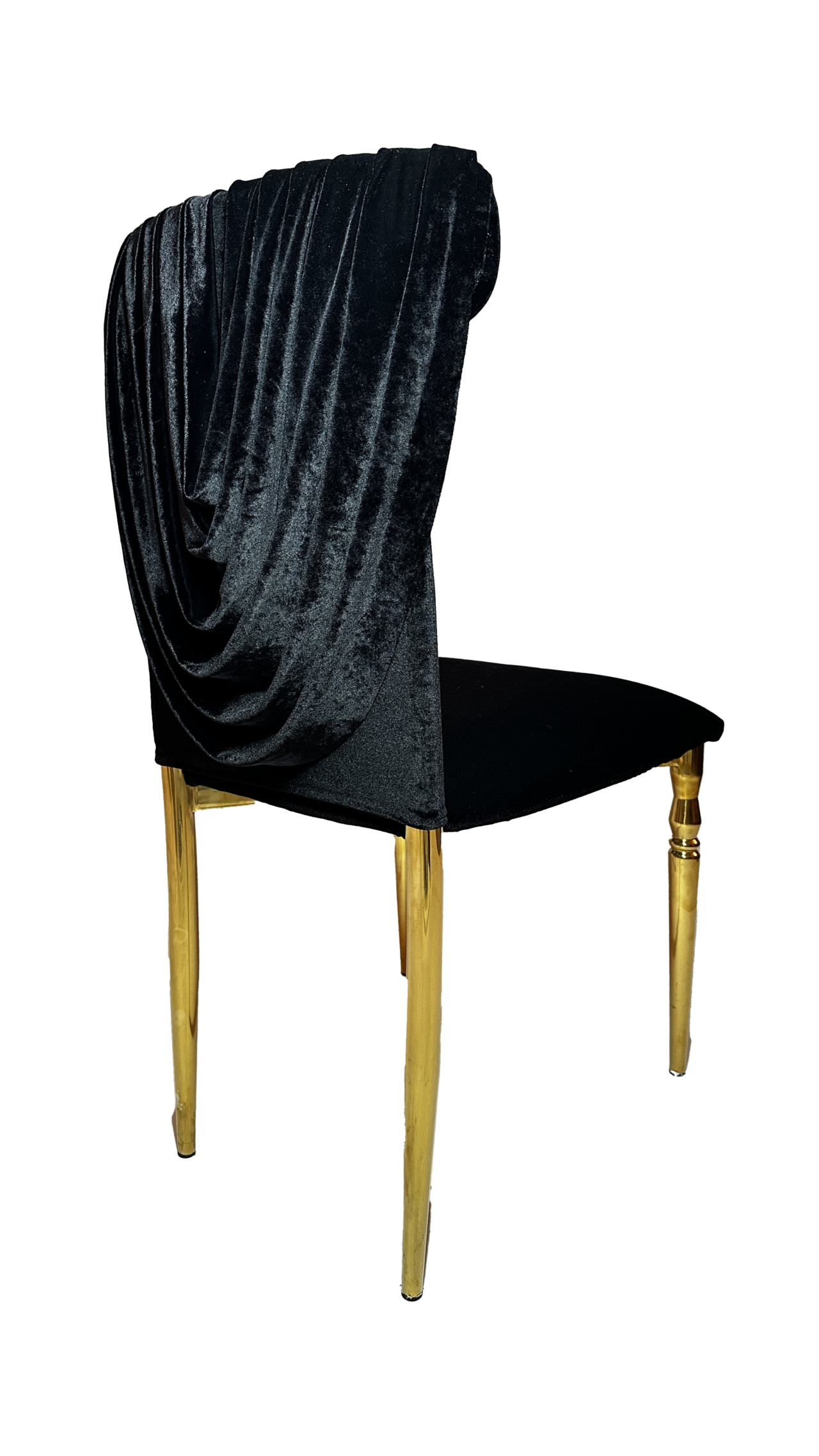 A luxurious black velvet chair with gold-tipped legs, elegantly draped with a plush velvet throw, isolated on a transparent background.