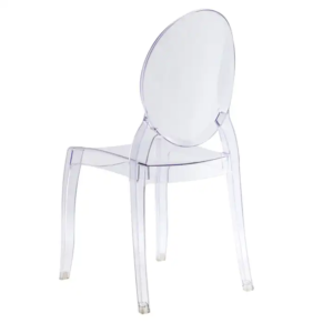 A clear acrylic chair with a modern design, featuring a rounded back and four sturdy legs. the transparent material highlights a seamless and minimalist aesthetic.
