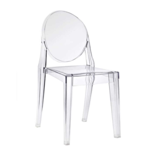 A transparent acrylic chair with a round backrest and modern, sleek lines, displayed against a plain white background.