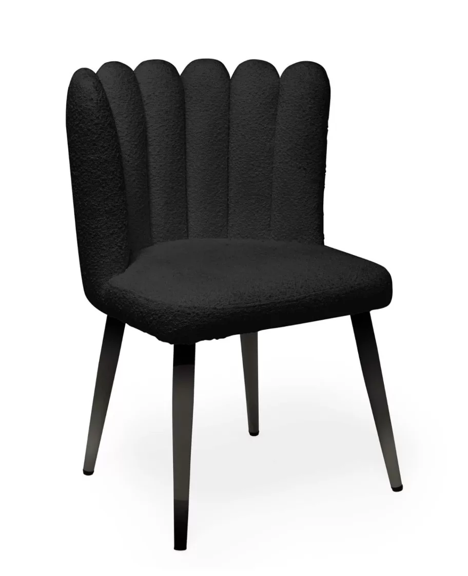 A modern black chair with a unique scallop back design and four legs, set against a white background.
