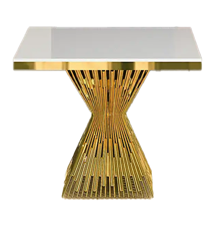 A modern rectangular table with a clear glass top and an intricate gold base composed of numerous vertical rods spreading outwards, perfect for wedding furniture rentals.