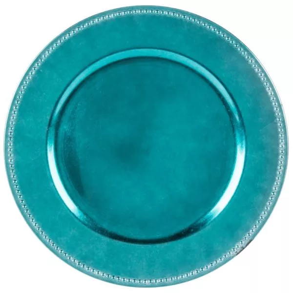 A teal, circular charger plate featuring a glossy finish and a subtle decorative embossed rim, viewed from above.