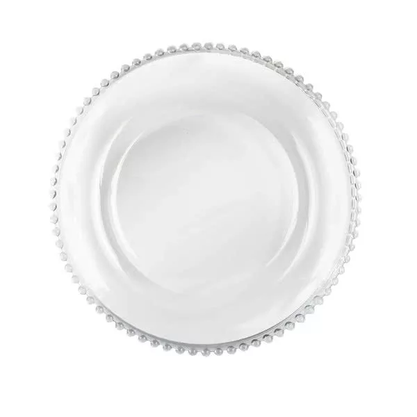 An empty white ceramic charger plate with a decorative beaded edge, viewed from above on a white background.