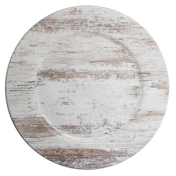 Round wooden charger plates with a distressed white paint finish, exhibiting a rustic texture and appearance.