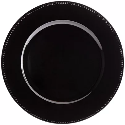 A top view of a black, round charger plate featuring a subtle textured rim and a glossy finish, placed against a plain background.