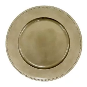 A top view of a simple beige ceramic charger plate with a beaded rim, isolated on a white background.