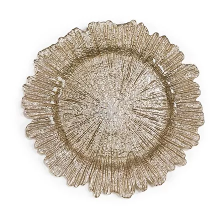 A decorative glass charger plate with a textured petal design, featuring a radial pattern of ridges and a shimmering metallic finish. Perfect for enhancing your table setting with its elegant aesthetics.