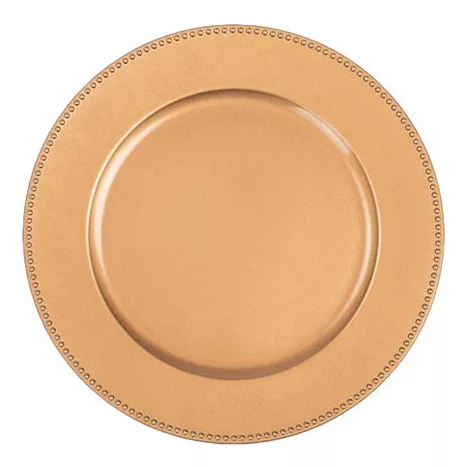 An elegant, empty beige ceramic charger plate featuring a subtle decorative embossed dot pattern along its wide rim, presented on a plain white background.