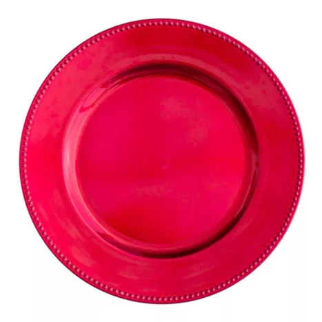 A vibrant red ceramic charger plate with a glossy finish, viewed from above on a white background.
