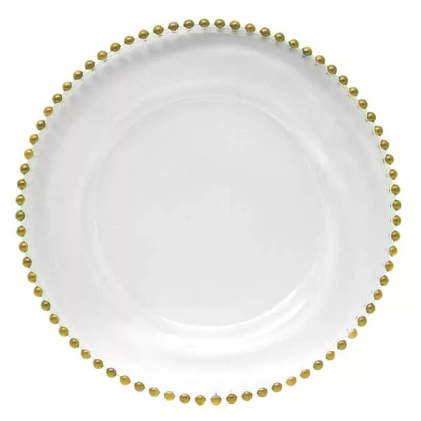 A white ceramic charger plate with a decorative gold bead rim, isolated on a white background.