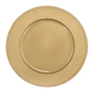 A top view of a simple, elegant beige charger plate with a subtle decorative border, isolated on a white background.
