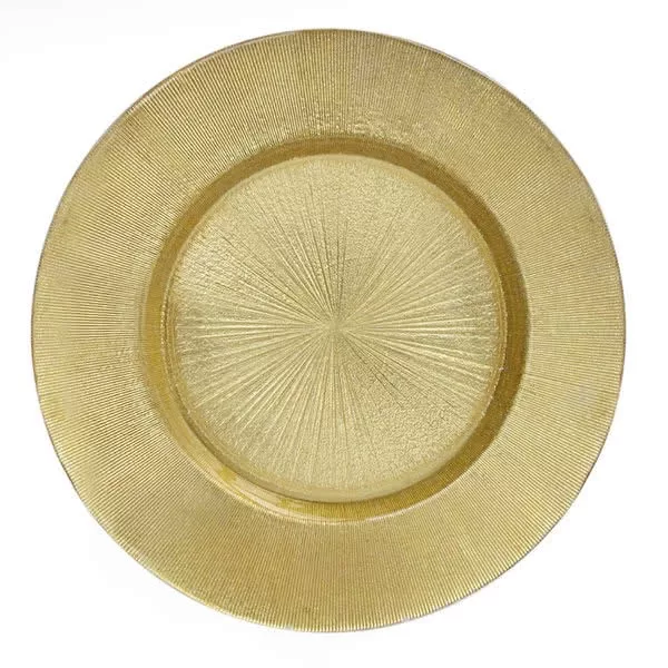 A golden charger plate with a textured, concentric circle design and a shiny finish, isolated on a white background.