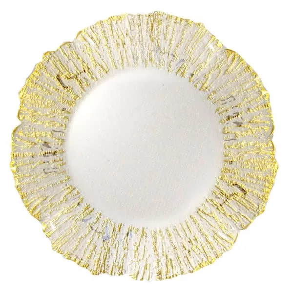 A charger plate with a textured, scalloped edge featuring a gold and silver design on a white background.