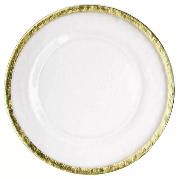 A white ceramic charger plate with a slightly textured surface, accented by a thin golden rim around the edge, viewed from above on a white background.