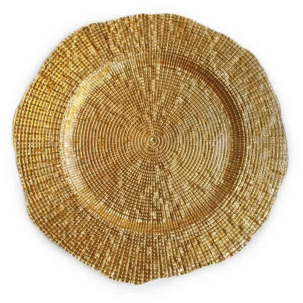 A round, golden-hued woven charger plate with a spiral pattern, detailed with intricate weaving that radiates from the center to the edges.