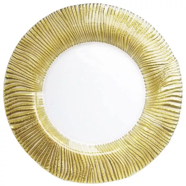 A decorative golden Charger Plate with a textured, radiating pattern and a smooth white center, isolated on a white background.